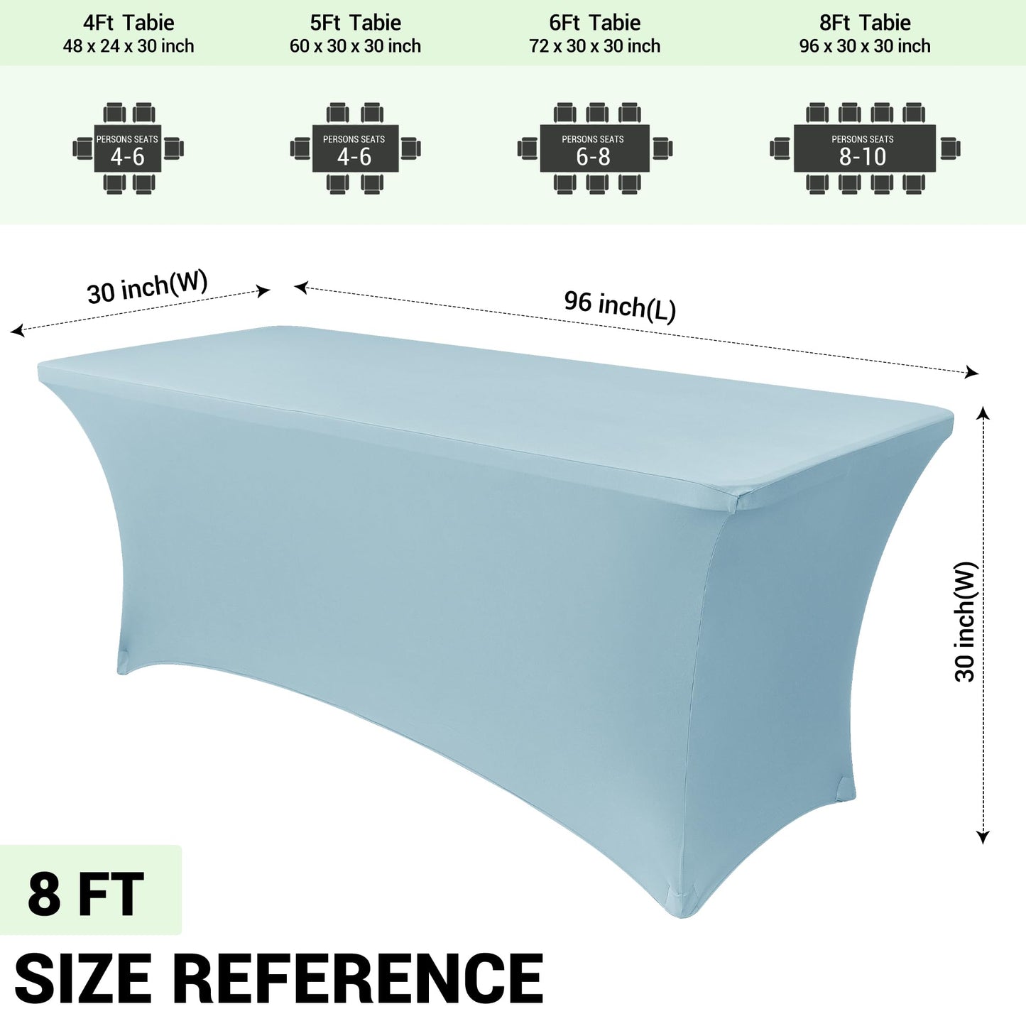 Obstal 8Ft Stretch Spandex Table Cover for Standard Folding Tables - 2 Pack Universal Rectangular Fitted Tablecloth for Party, Banquet, Events, Trade Show (Dusty Blue, 96L x 30W x 30H Inches)