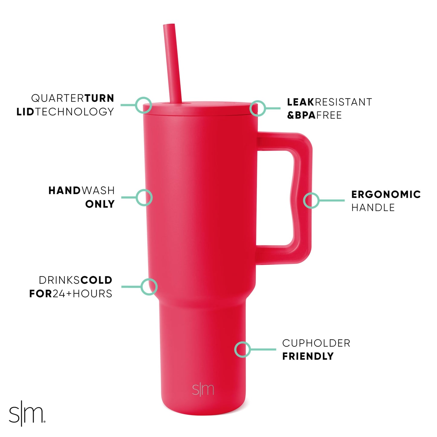 Simple Modern 40 oz Trek Tumbler with Handle and Straw Lid | Cup Holder Friendly Insulated Stainless Steel Travel Mug | Ember Red