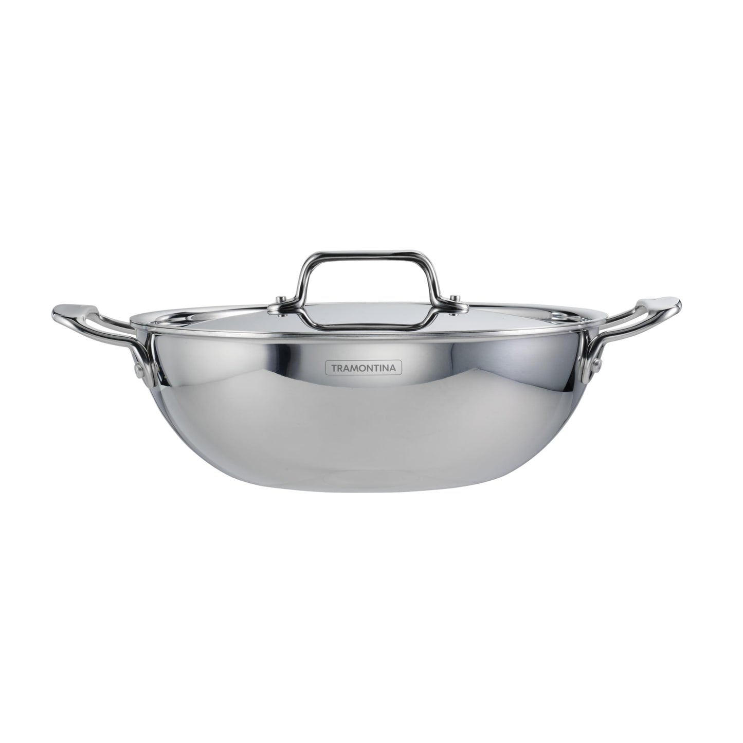 Tramontina Utsava Tri-Ply Clad Stainless Steel 4-Quart Kadai with Lid and Ceramic Non Stick Interior, Induction-Ready Large Kadhai Pot for Indian Cooking