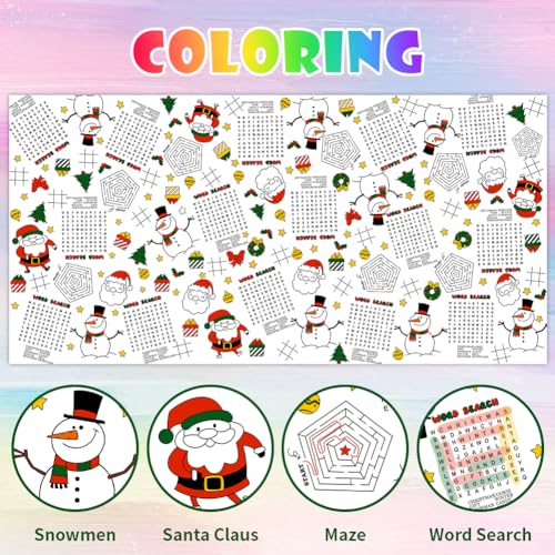 Labeol 1 Pack Christmas Tablecloth, Christmas Coloring Tablecloth for Kids, 54"x108" Giant Santa Claus Snowman Maze Color-in Paper Poster Table Cover for Winter Party Arts and Crafts