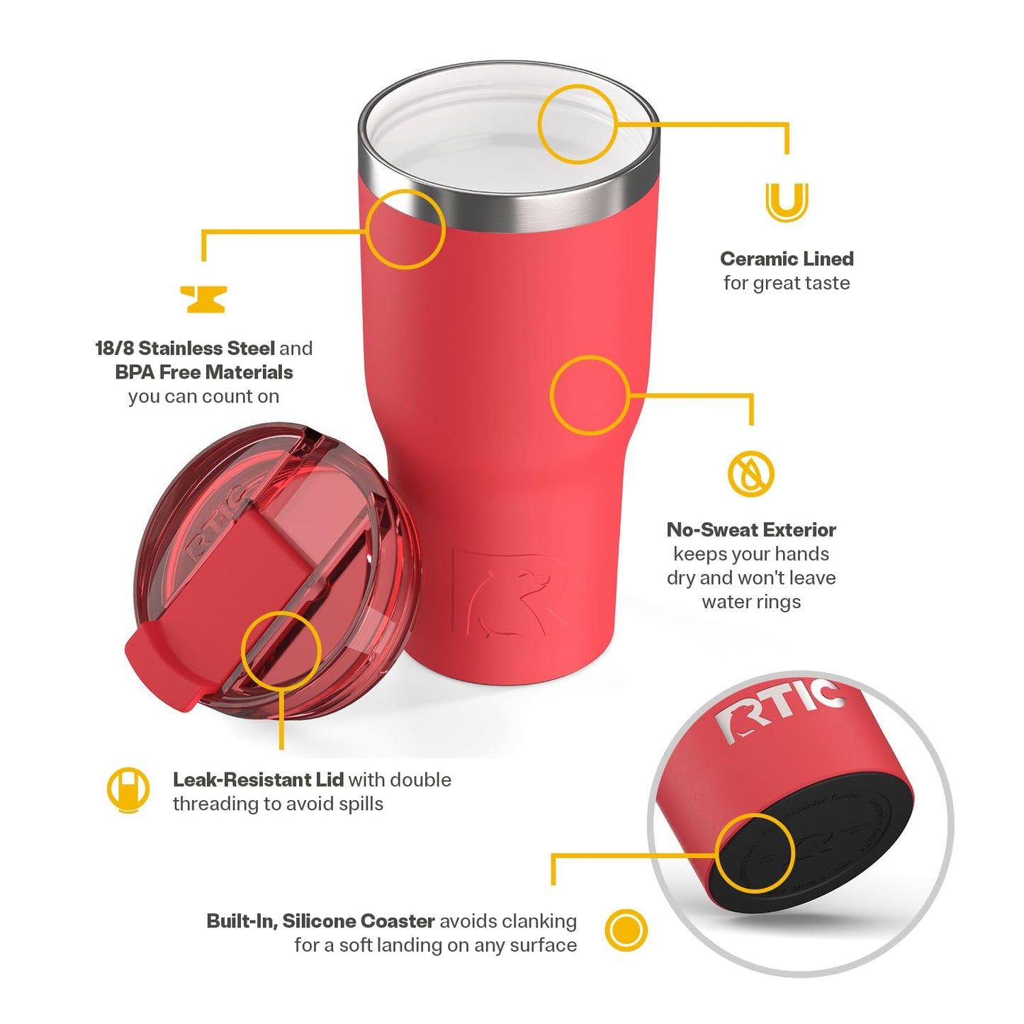 RTIC 20oz Essential Tumbler with Lid, Ceramic Lined, Insulated, Stainless Steel, Metal, Double Wall Vacuum-Insulation, Travel Cup for Iced Coffee, Tea, Hot and Cold Drink, Flag Red