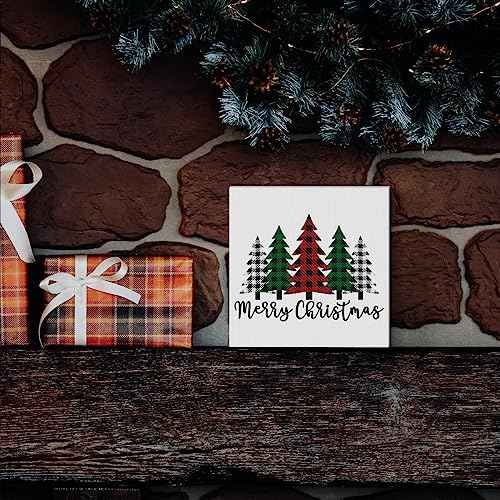 Funny Christmas Trees Wooden Box Sign Plaque Merry Christmas Wood Box Sign Rustic Art Home Shelf Desk Decor christmas tree decorations 5 x 5 x 1 Inches