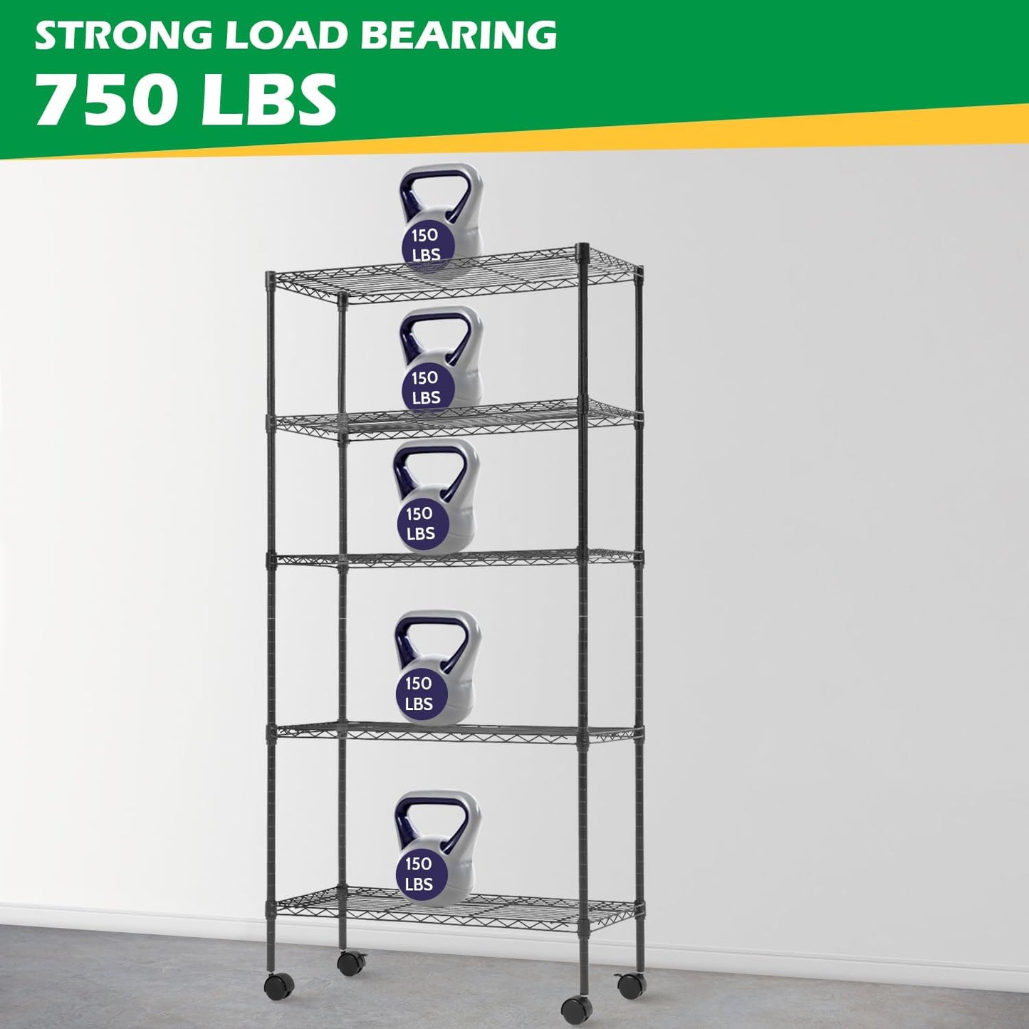 PayLessHere 5-Tier Wire Shelf with Wheels - Adjustable Heavy-Duty Storage Rack | Black | 14"x30"x60" | Rust-Resistant, Easy No-Tool Assembly
