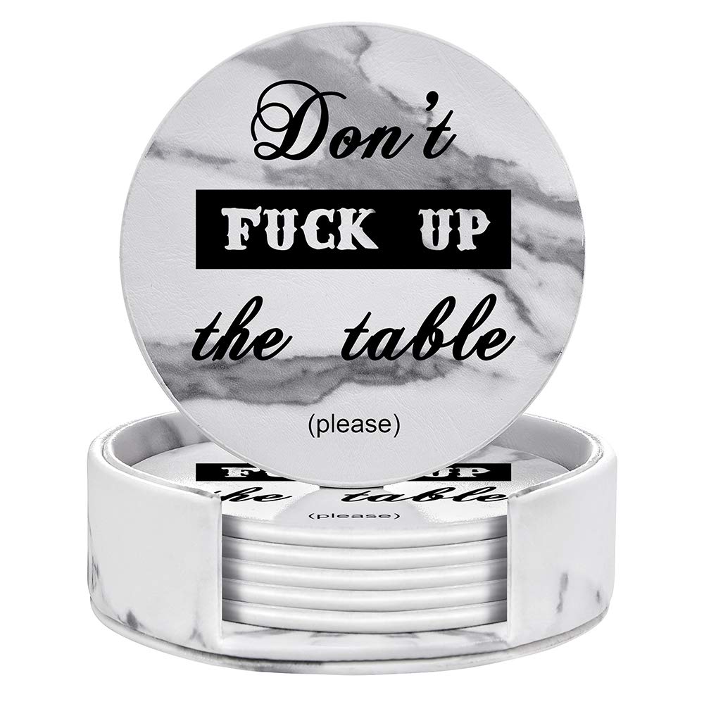 Thipoten Funny Coasters, 6 Pcs Leather Coasters with Holder, Perfect Housewarming Hostess Gifts, Protect Furniture from Water Marks Scratch and Damage(6Pcs, White Marble)