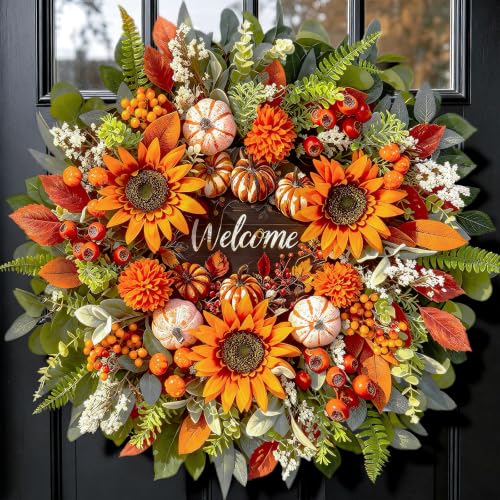 24In Fall Wreaths for Front Door, Welcome Sunflower Pumpkin Autumn