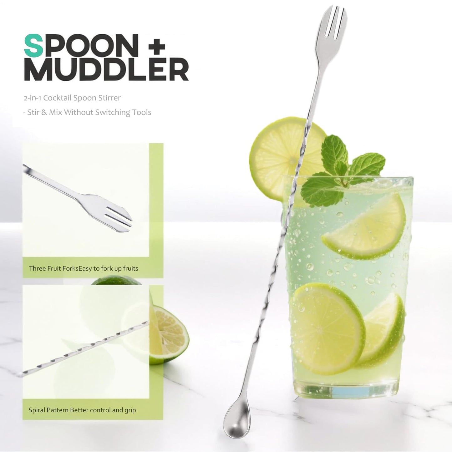 Muddler for Cocktails,10" Bar Spoon & Ice Tongs with Serrated Tip, 3PcsStainless Steel Bar Tools Set for Mojitos, Lemonade, Fruit Drinks, Home PartyBar Accessories