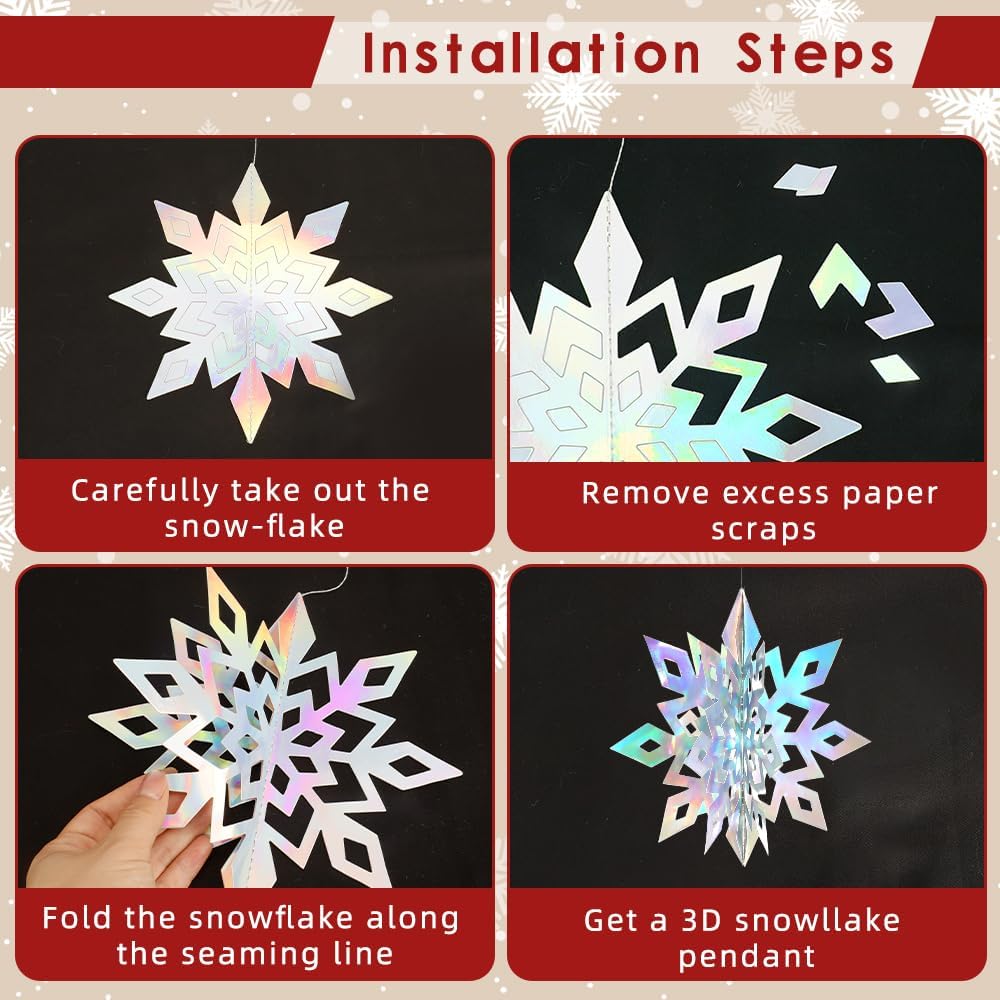 Skiennix 12PCS 3D Christmas Snowflake Decorations - Glittering Holographic Silver Ornaments for Winter Wonderland Decor