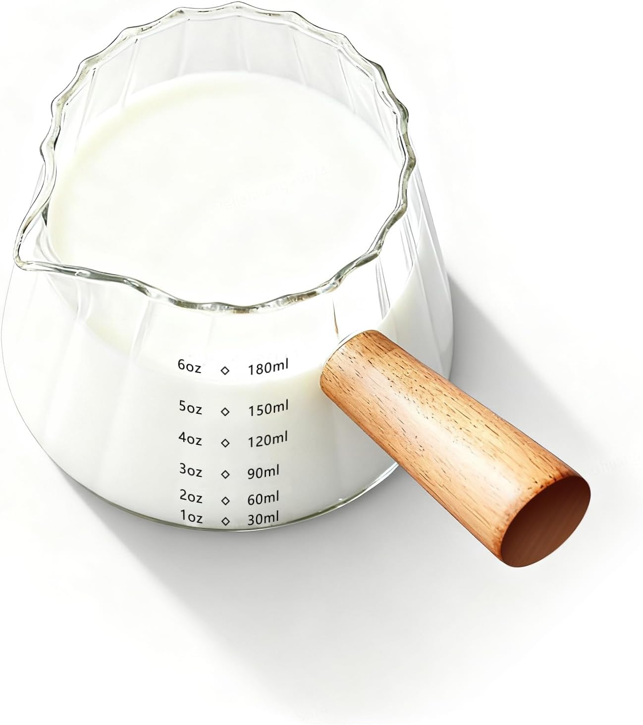 YARRAMATE Glass Measuring Cup - 6 oz/180ML with Wooden Handle | Ribbed Milk Frothing Pitcher, Easy Pouring