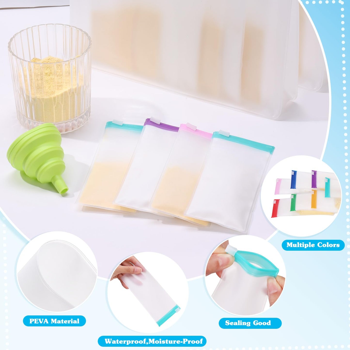 55 Pcs Protein Powder Travel Container Set - Protein Powder Container To Go, Single Dose Kit Reusable Powder Supplement Packets, Portable Powder Organizer Zip up Bags with Funnels, Spoons, Labels
