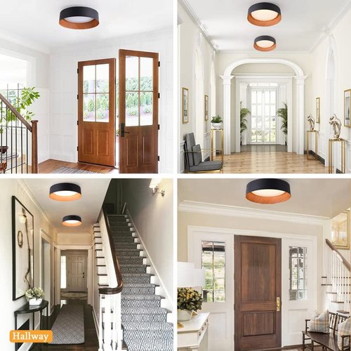 Bargeni Flush Mount Ceiling Light,13 inch Ceiling Light Fixtures,Matte Black with Wood Accent,3000K/Warm White/18W(100w Equiv.),Dimmable LED Lighting Fixtures Ceiling for Kitchen,Outdoor