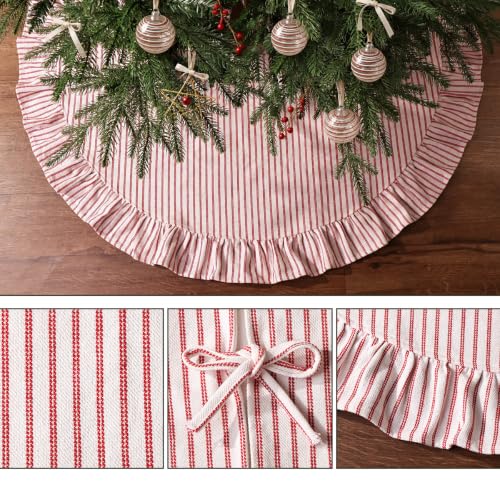 48-Inch Red White Stripe Christmas Tree Skirt with Ruffled Edge