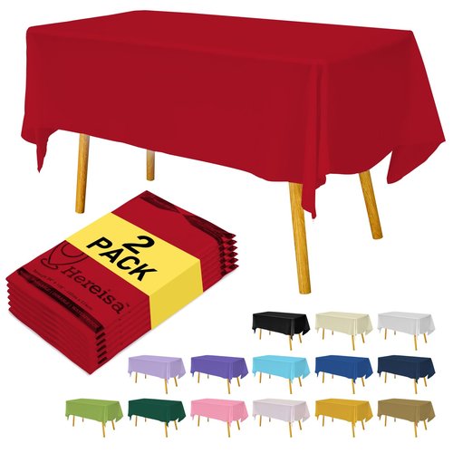 Hereisa Red Plastic Tablecloths 2 Pack Ruby Disposable Table Covers 54 x 108 Inch Bridal Party Tablecovers PEVA Table Cloths for BBQ Picnic Birthday Wedding Banquet Parties 8 ft Rectangle Table Use