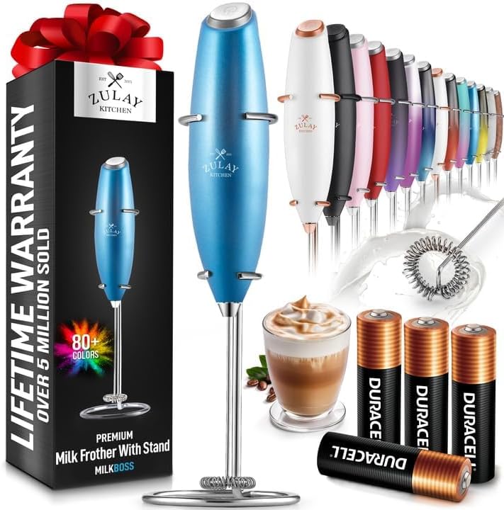 Zulay Kitchen Milk Frother Wand - Ultra-Fast Handheld Electric Whisk for Coffee, Lattes & More - Metal Blue