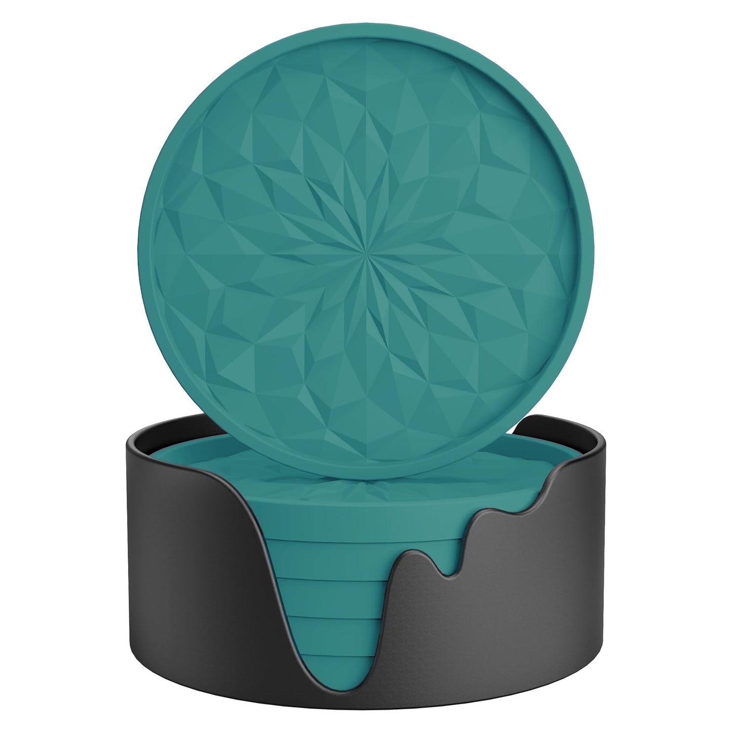 ME.FAN Silicone Coasters with Holder,[6 Pack] Drinking Coasters - Cup Mat for Hot or Cold Drinks, Thickened, Non-Slip, Non-stick,Deep Tray Teal Blue