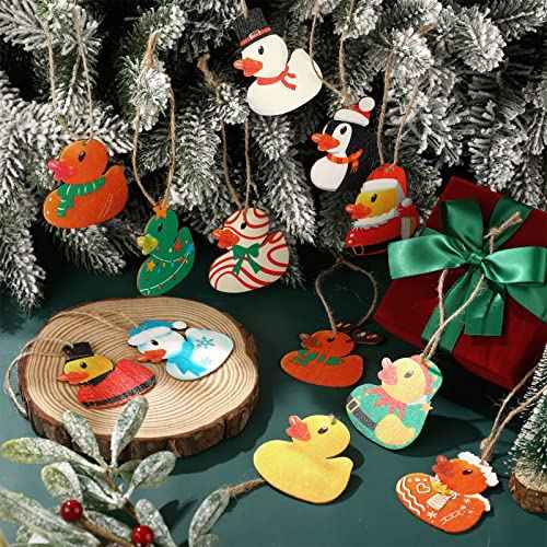 48 Pcs Christmas Wooden Duck Ornament Holiday Duck Tree Xmas Hanging Ornament Santa Snowman Christmas Characters Duckies for Xmas Tree Party Themed Decoration