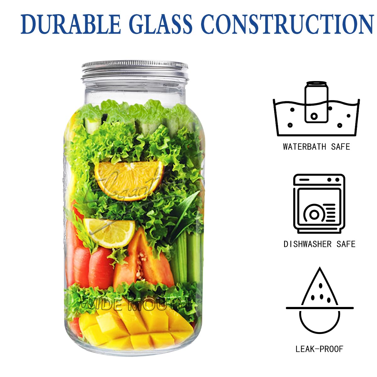 eleganttime 128 oz Mason Jars Extra Wide Mouth 2 Pack, 1 Gallon Glass Large Jars with Airtight Lid, Safe for Food Storage,Curing, Fermentation and Preservation(Not standard wide mouth)