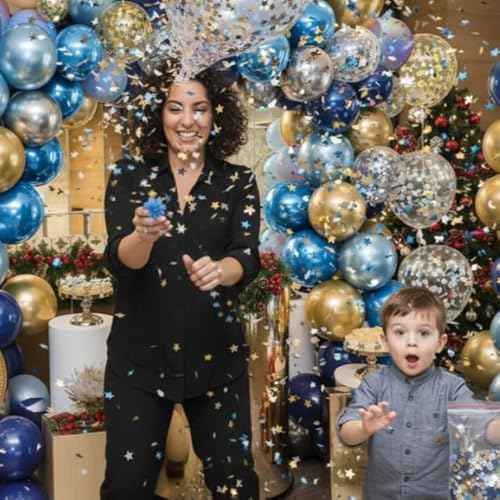 Blue Gold Silver Balloons, 50 PC 12 Inch Metallic Navy Royal Light Blue Silver Gold Balloon With Star Confetti Birthday Balloons Decoration, Kids Party Balloon for Retirement Baby Shower Boys Fathers