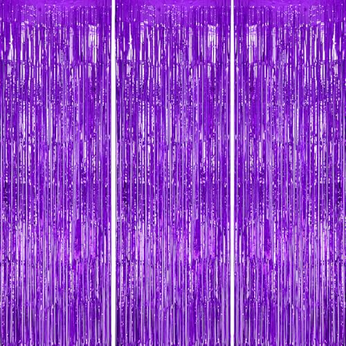 3 Pack Foil Fringe Backdrop - Purple Shiny Tinsel Curtains for Party Decoration/Photo Booth Props - 3.3x8.2 FT Metallic Foil Backdrop for Birthday, Wedding, Graduation, Christmas.