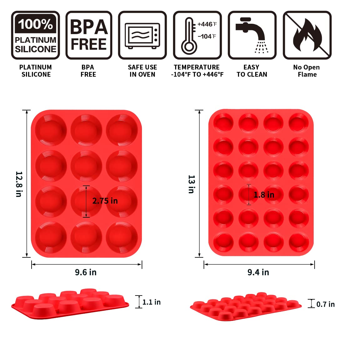 Silicone Muffin Pan, Mini Muffin Pan, Regular 12 Cups and Mini 24 Cups Cupcake Tin Set of 2 for Baking Egg Bites