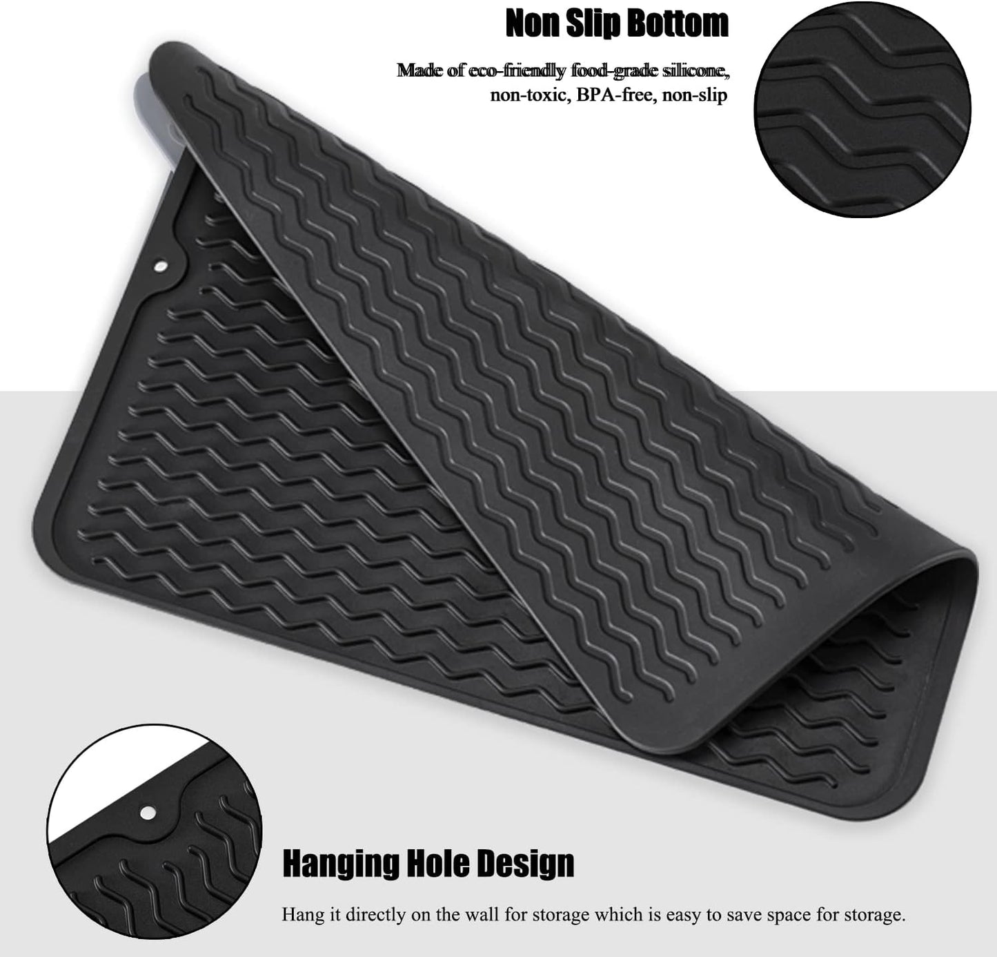 Skiennix Silicone Dish Drying Mat - Non-Slip, Heat-Resistant Kitchen Drainer | Large 16" x 12", Black