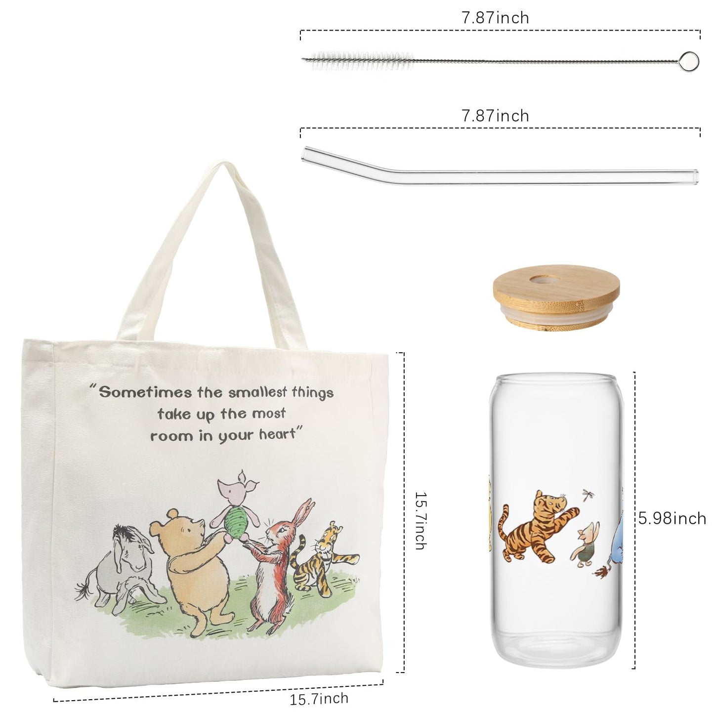 MRYAWXBK Pooh Bear Gifts for Women Friends, Pooh Bear Inspirational Canvas Tote Bag 16oz Iced Glass Cup Friendship Gift Set Gifts for Best Friends