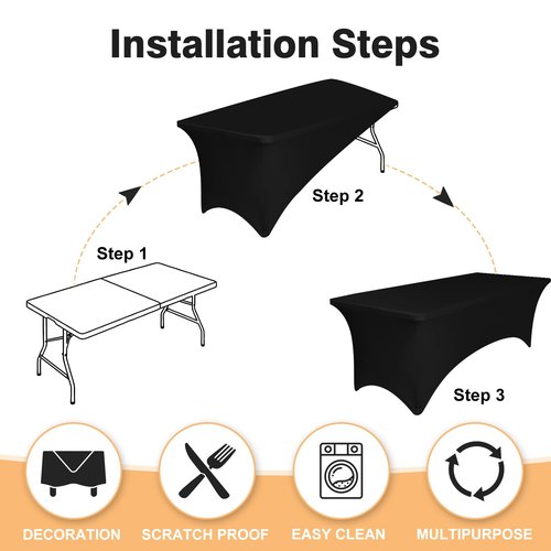 2 Pack 5 Feet Black Spandex Tablecloth for Rectangular Tables, Fitted & Stretch, Washable, Wrinkle Resistant, Perfect for Event, Wedding, Party, Banquet, Cocktail, Festival, and Table Protector
