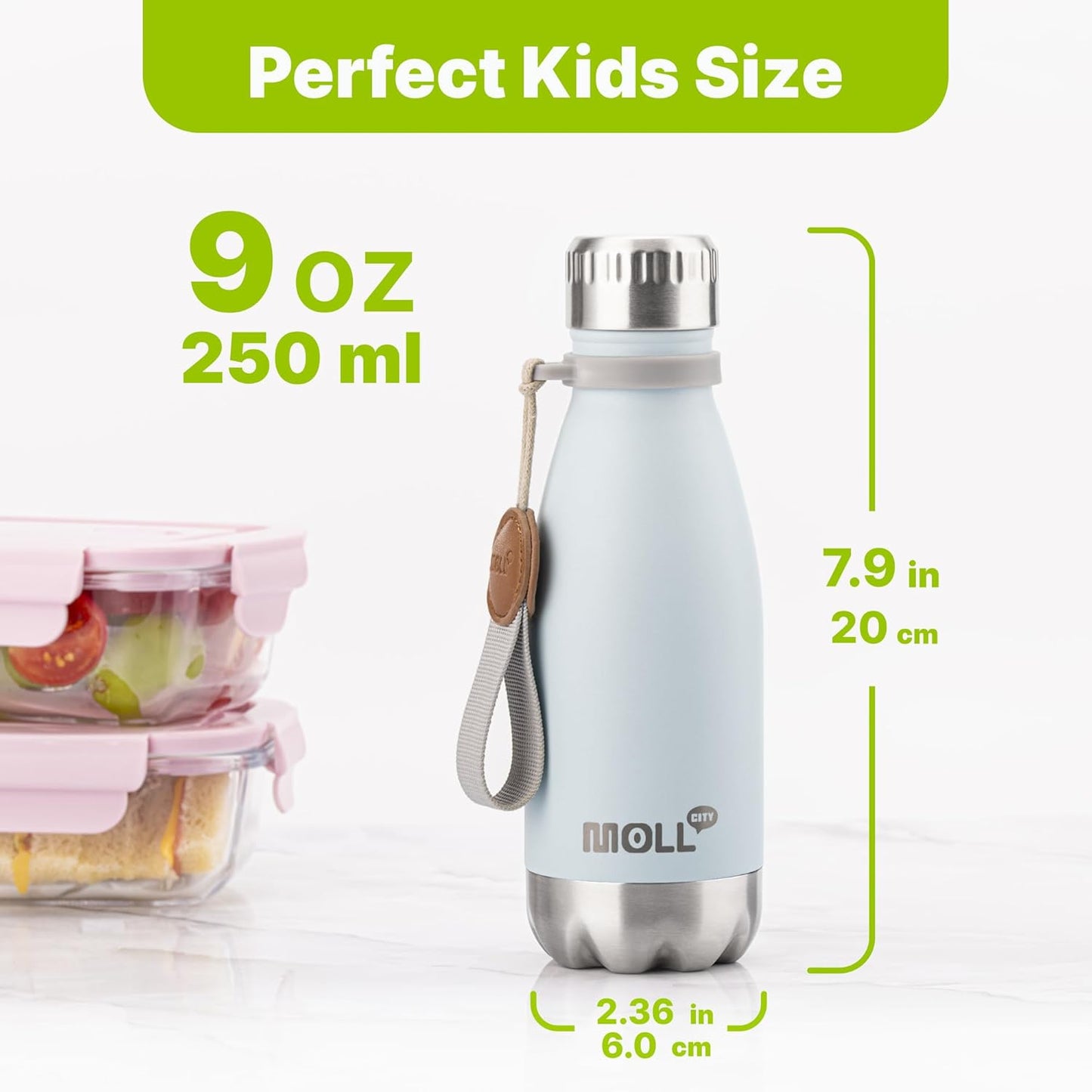 Skiennix 9 oz Stainless Steel Water Bottle - Vacuum Insulated, Leak Proof Cola Shape for Kids | Baby Blue
