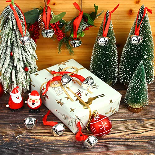 FOIMAS 30pcs 1.6in Believe Bells Ornament Silver with Red Ribbon for Christmas Tree