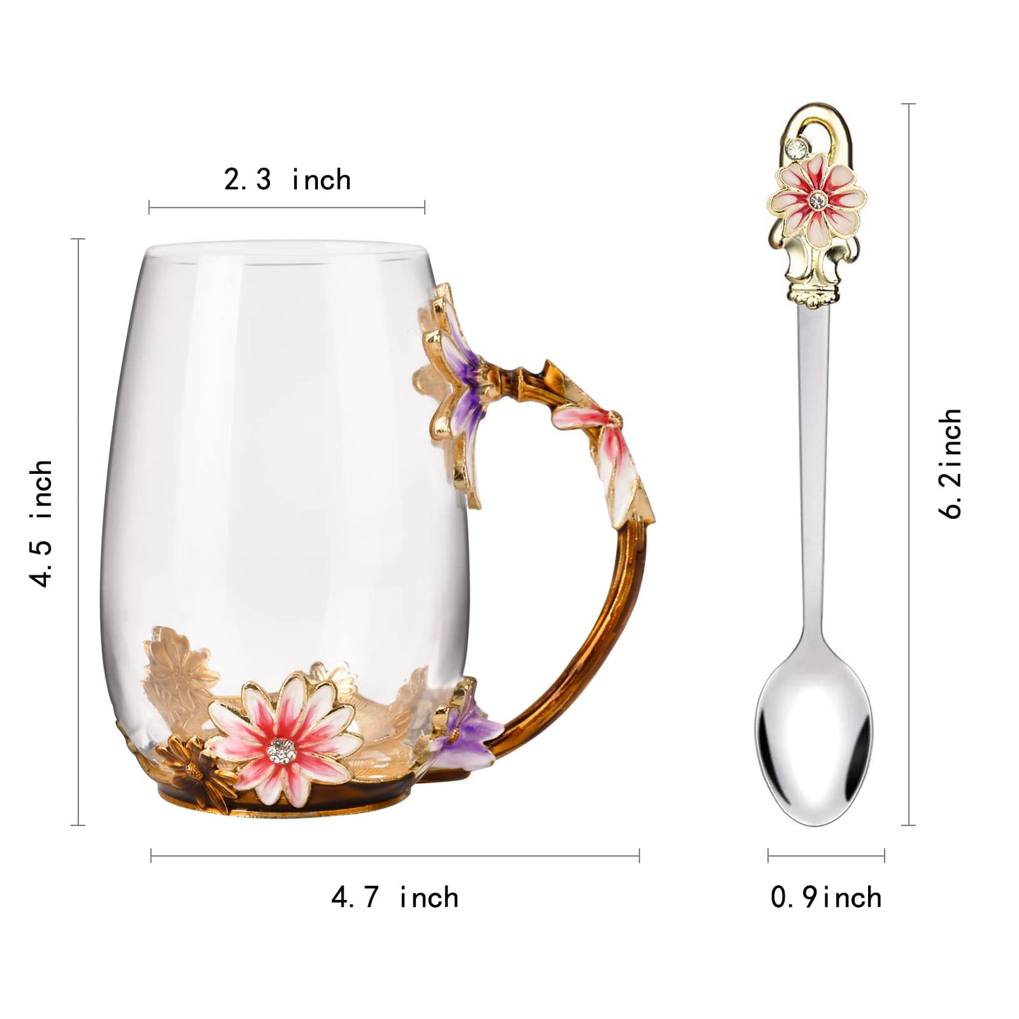 OEAGO Purple Gifts for Women Mom Mothers Day Glass Coffee Enamels Mug Best Birthday Flower Gifts for Her from Daughter Son Lead-Free Christmas Tea Cup with Spoon Set