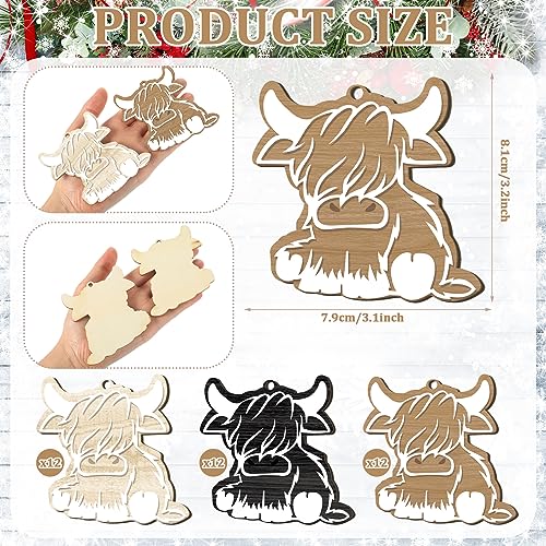 Poen 36 Pcs Highland Cow Christmas Wooden Ornaments - Black White Cow Style, Holiday Tree Decorations
