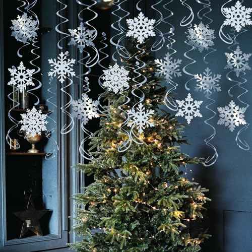 32 Pcs Snowflake Hanging Swirls Party Decoration - Christmas Winter Wonderland Ceiling Decor White Silver Snowflake Ornaments Garland for Winter Holiday Party Decorative Frozen Theme Party Supplies