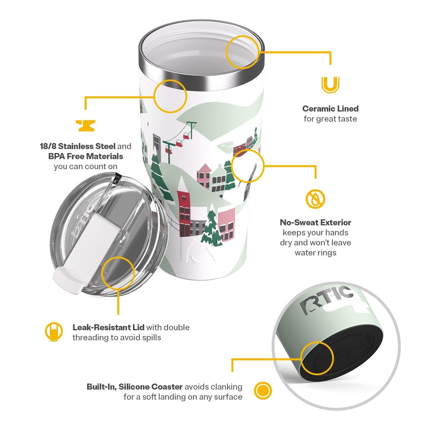 RTIC 30oz Essential Tumbler with Lid, Ceramic Lined, Insulated, Stainless Steel, Metal, Double Wall Vacuum-Insulation, Travel Cup for Iced Coffee, Tea, Hot and Cold Drink, Apres Ski