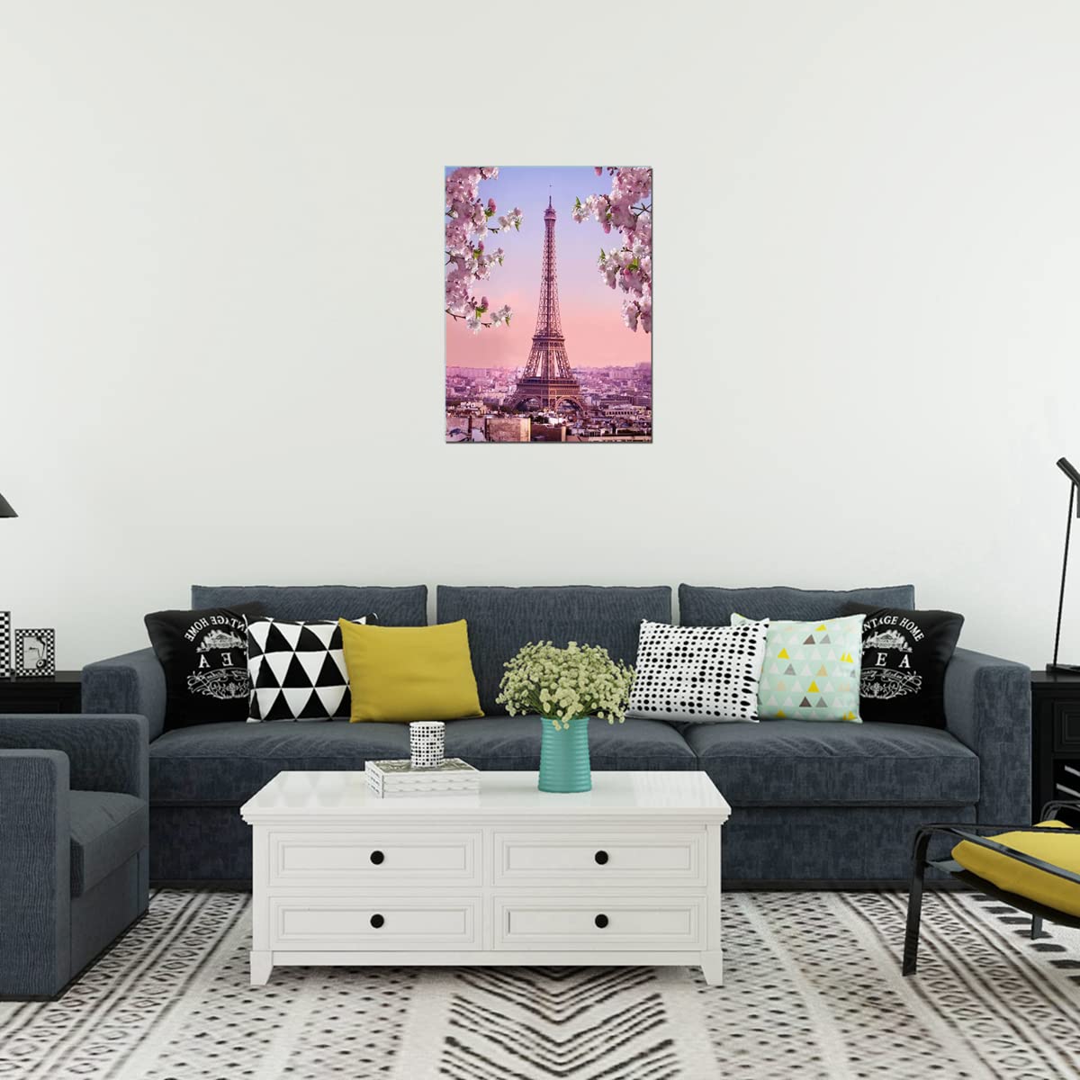 Pink Eiffel Tower Paris Office Girl Room Wall Art Pink Flower Blossoming Romantic Landscape Canvas Print for Home Decor Framed Large Artwork Love 24x36inch