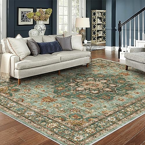 Washable Oriental Area Rug - Green 8x10 Vintage Floral Non-Slip Carpet