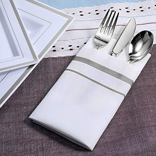 Disposable Linen-Feel Guest Towels with Silver Rim - 200 Pack