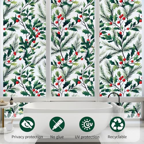 Bloss Holly Frosted Stained Glass Window Clings for Christmas Privacy 11.8" x 78.7"