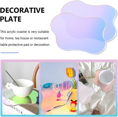 FINGERINSPIRE 2 Cloud Shaped Acrylic Coasters 5.1x6.4inch Clear Iridescent Irregular Creative Decorative Plate for Kitchen Counter, Dresser, Office Desk