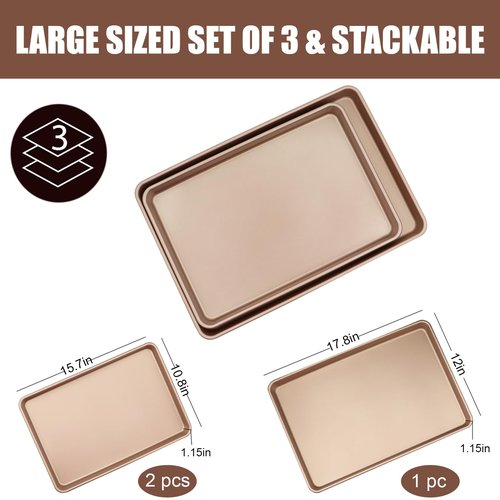 JOHO BAKING 3-Pack Nonstick Carbon Steel Baking Sheet Set | Heavy Duty 0.8mm Cookie Sheets - Large 17.8"x12" & 2 Medium 15.7"x10.8" Commercial Gold Pans for Oven, Roasting & Toaster