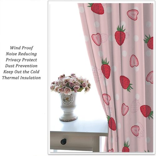 INSFBRB Pink Red Strawberry Rod Pocket Blackout Curtains for Living Room,Insulated Girls Cartoon Cute Fruit Strawberry Print Bedroom Curtains,2 Panels 45L x 21W