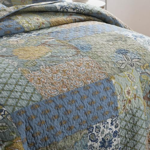 Wistown Rustic Sage Green Patchwork Queen Cotton Bedspread Quilt Reversible Coverlet