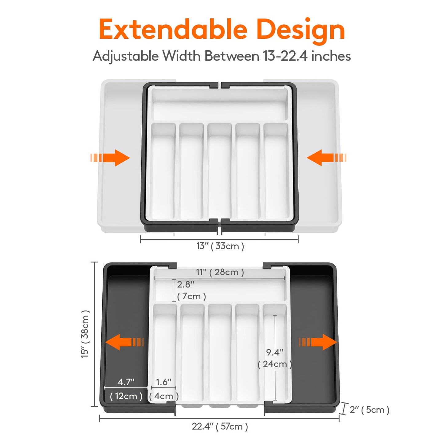 Lifewit Silverware Drawer Organizer, Expandable Utensil Tray for Kitchen, BPA Free Flatware and Cutlery Holder, Adjustable Plastic Storage for Spoons Forks Knives, 13-22 x 15", White&Black