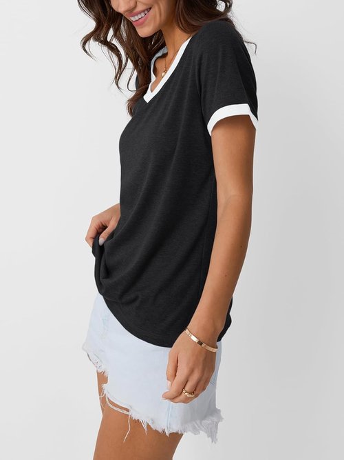 AUTOMET Women's Casual V-Neck Short Sleeve T-Shirt - Soft Summer Tunic Top for Spring Fashion