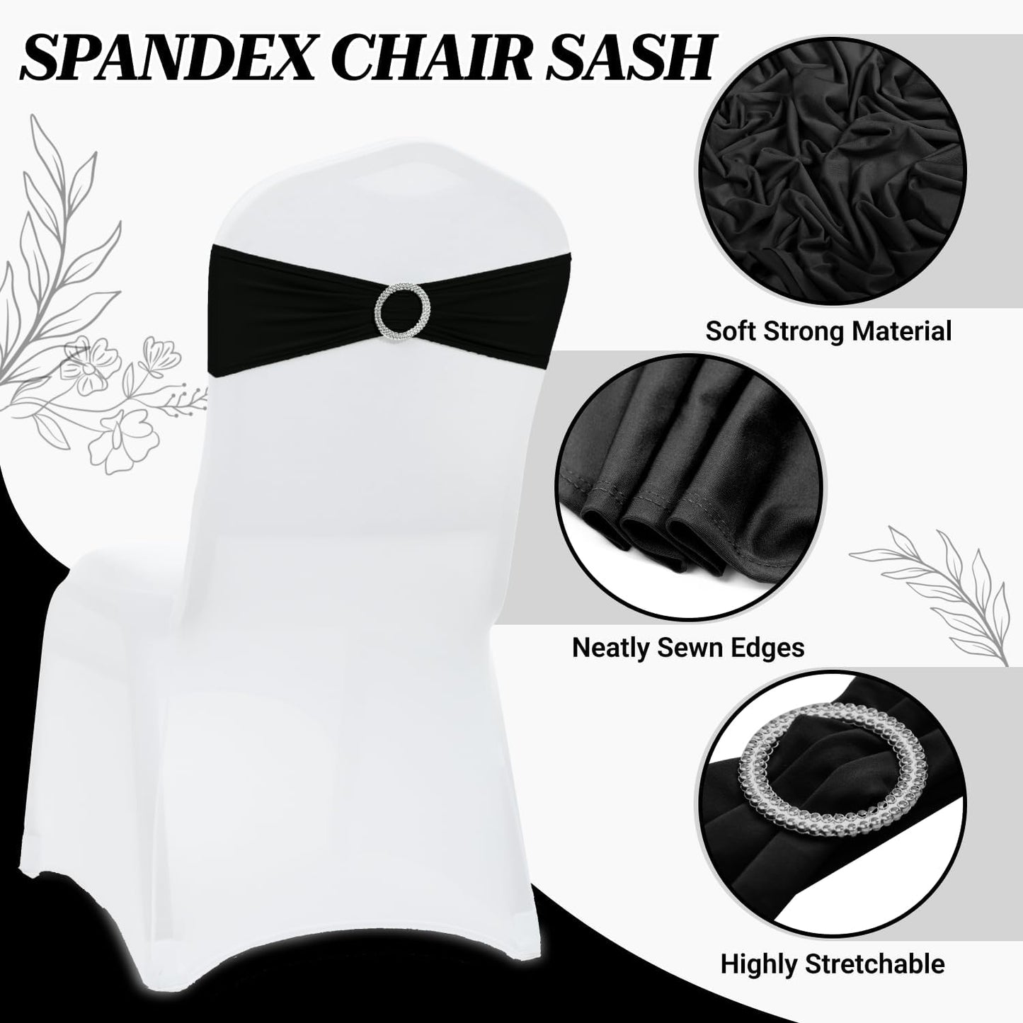 MDS Spandex Chair Sashes - Pack of 150 Elastic Stretch Bows with Buckle Slider for Wedding Decor | Black