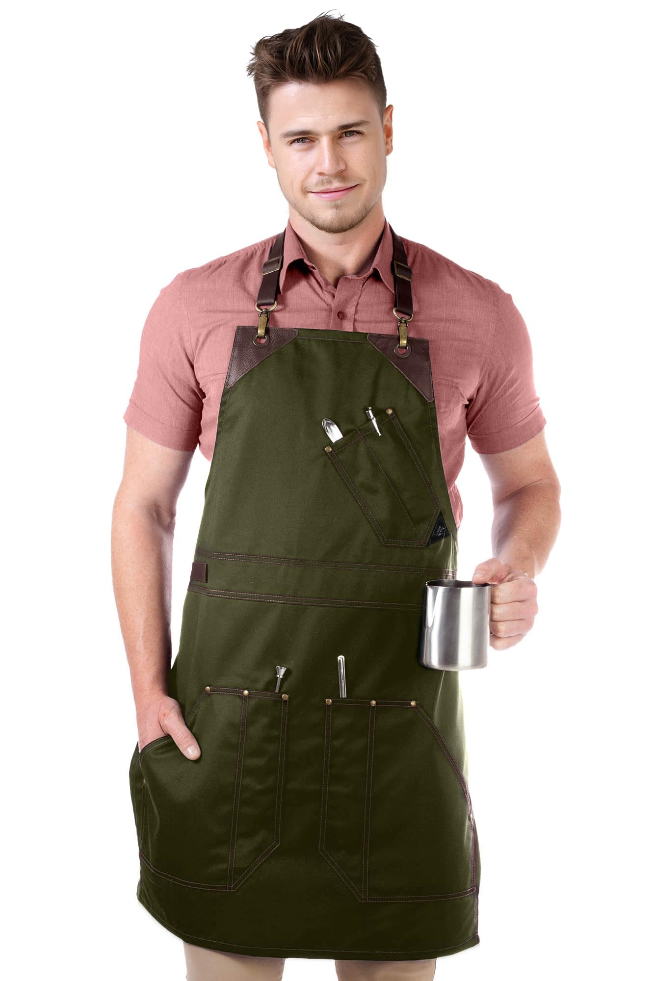 Under NY Sky Barista Apron - Brown Leather Straps and Reinforcement - Riveted Pockets - Double Stiched - Leather Ring Loop - Professional Green Twill - Double as Half Bistro Apron - Chefs, Bartender
