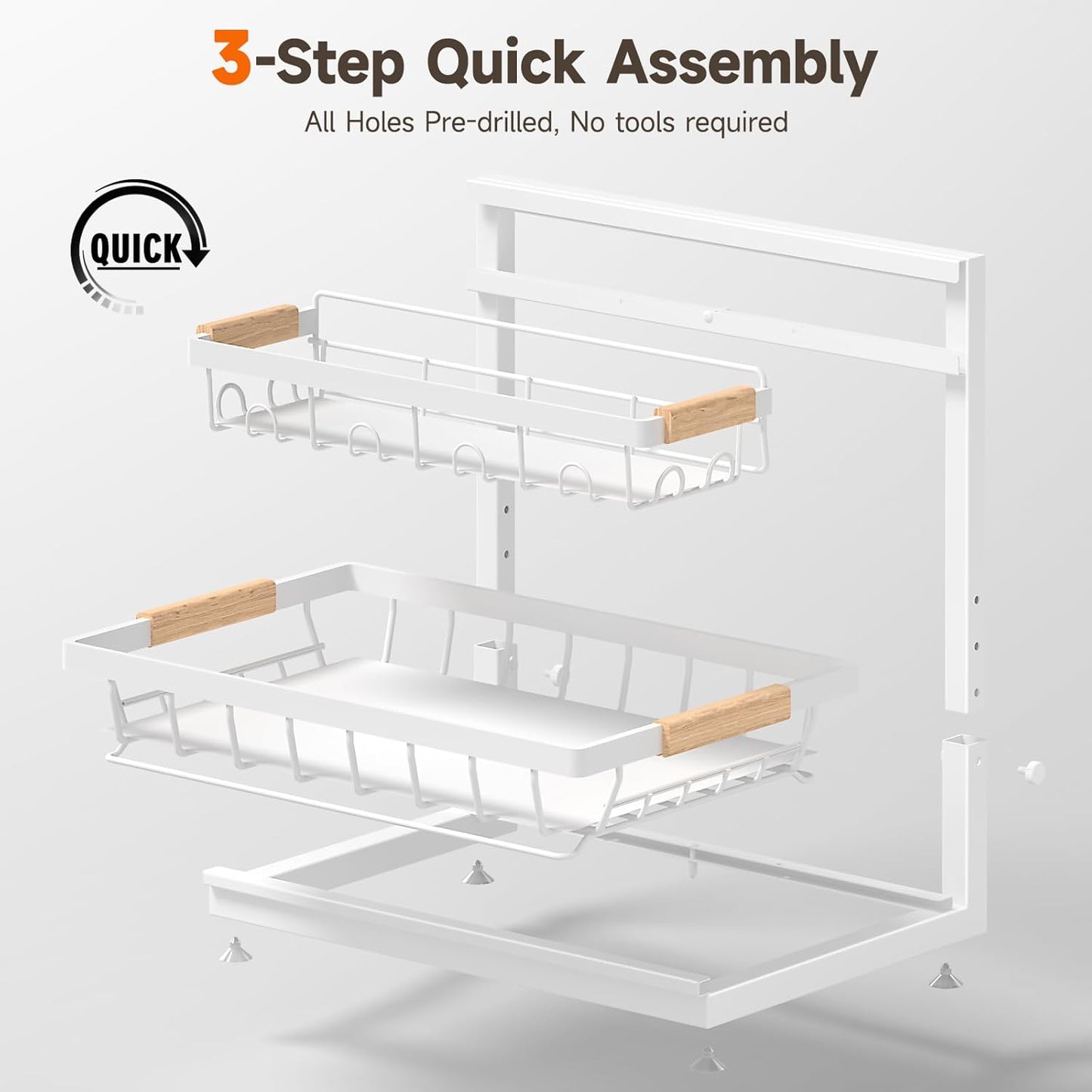 Sevenblue Under Sink Organizer - Height Adjustable 3-Tier Storage Shelf for Kitchen & Bathroom (White, Large)