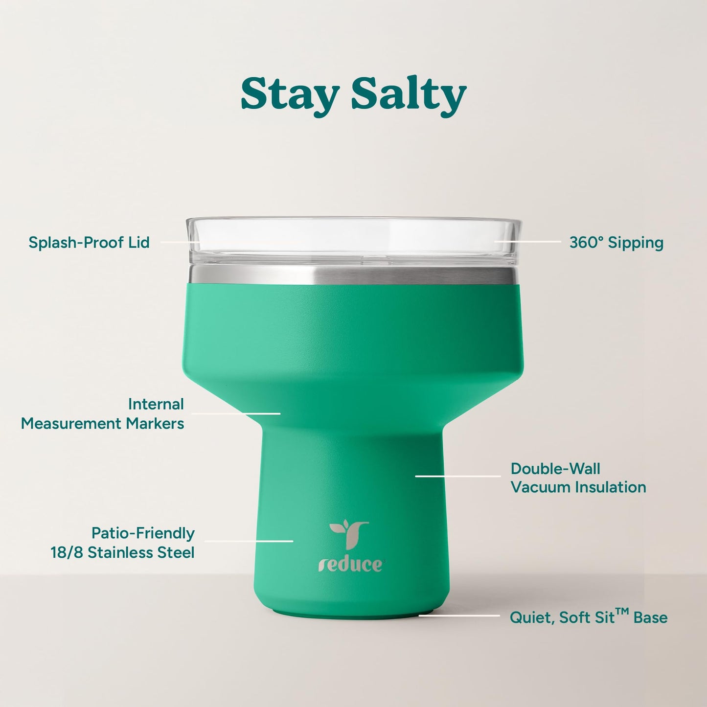 REDUCE Saltini 16 oz Cocktail Tumbler - Insulated Margarita Tumbler with Lid - Keeps Drinks Cold for 10 Hours - 360 Sippable Martini Glass Alternative - Shatterproof, Perfect for Parties - Palm Leaf
