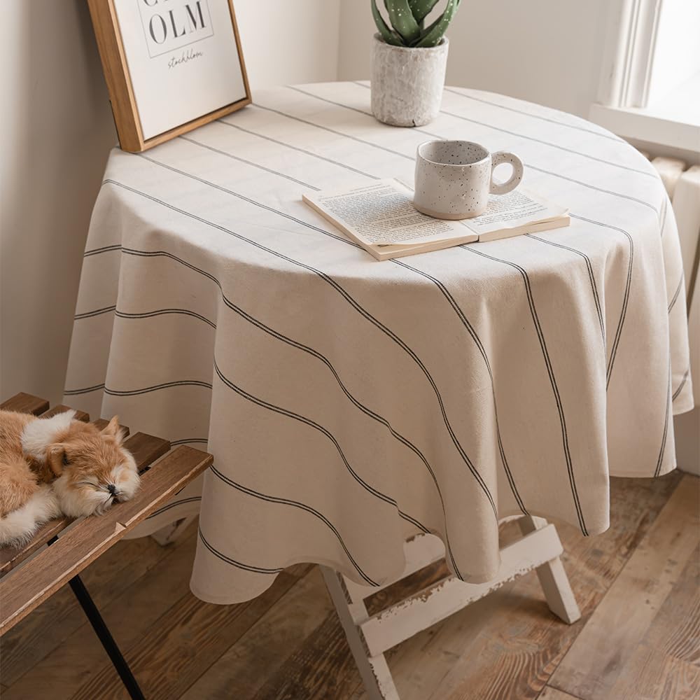 ArtBud Cotton Linen Table Cloths Boho Farmhouse Heavy Fabric Table Cover Burlap Striped Washable Table Top for Parties Coffee Kitchen Picnic Round, 60"(4-6 Seats)