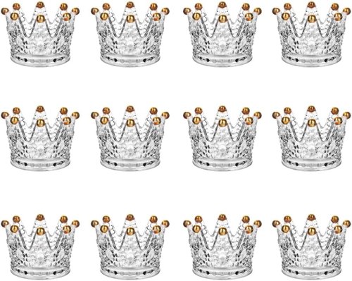 Crown Glass Tealight Candle Holders - Set of 12 Elegant Votive Holders for Weddings & Home Decor | Gold Finish