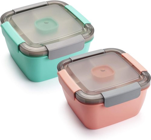 Freshmage Salad Lunch Containers - 2 Pack 52-Oz Bowls with 3 Compartments & Dressing Containers - Pink & Green