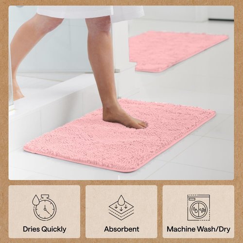 GORILLA GRIP Bath Rug Mat - Thick Soft Absorbent Chenille | Quick Dry Microfiber, 24x17 Light Pink